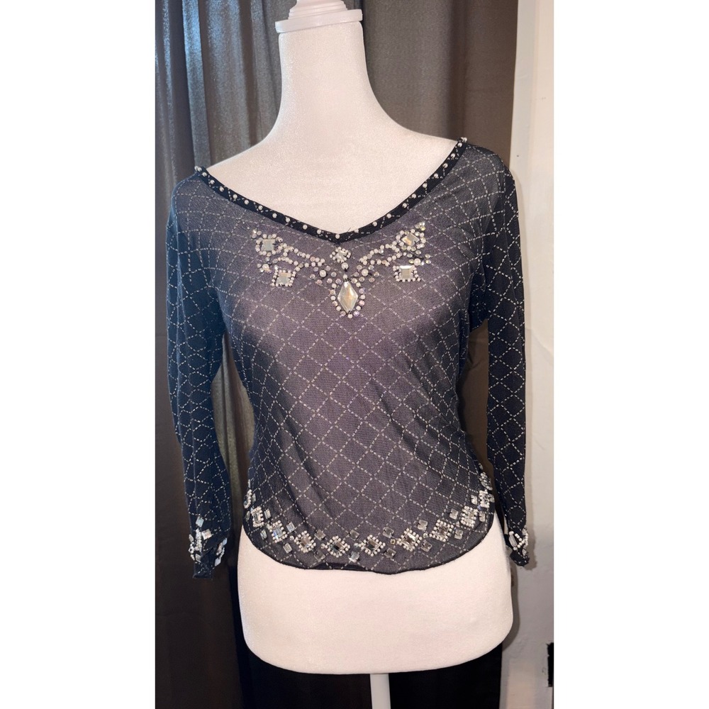 Express Black Embellished Rhinestone Mesh Sparkle Top Medium Y2K Sheer